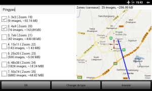 Sélection des niveaux de zoom à télécharger pour la zone sélectionnée